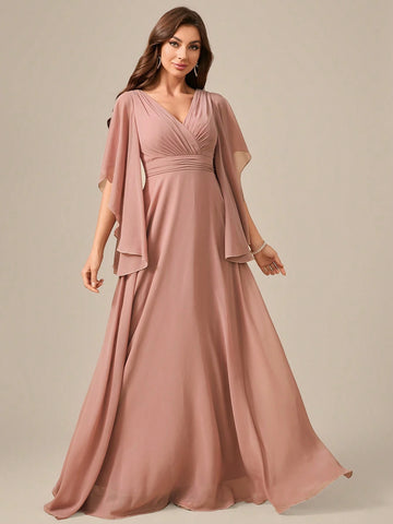 V-Neck Chiffon Ruffles Lace Cuff Waist Highlighting Formal Dress