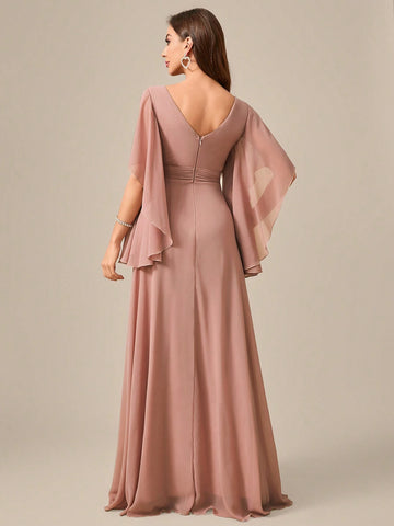 V-Neck Chiffon Ruffles Lace Cuff Waist Highlighting Formal Dress