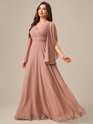 V-Neck Chiffon Ruffles Lace Cuff Waist Highlighting Formal Dress