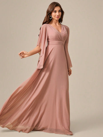 V-Neck Chiffon Ruffles Lace Cuff Waist Highlighting Formal Dress