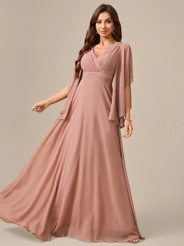 V-Neck Chiffon Ruffles Lace Cuff Waist Highlighting Formal Dress