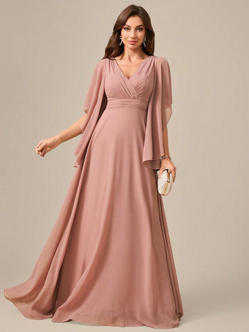 V-Neck Chiffon Ruffles Lace Cuff Waist Highlighting Formal Dress