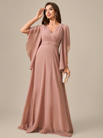 V-Neck Chiffon Ruffles Lace Cuff Waist Highlighting Formal Dress