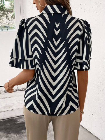 LUNE V-Neck Creative Contrast Stripe Double Layer Bell Sleeve Women's Shirt