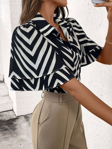 LUNE V-Neck Creative Contrast Stripe Double Layer Bell Sleeve Women's Shirt