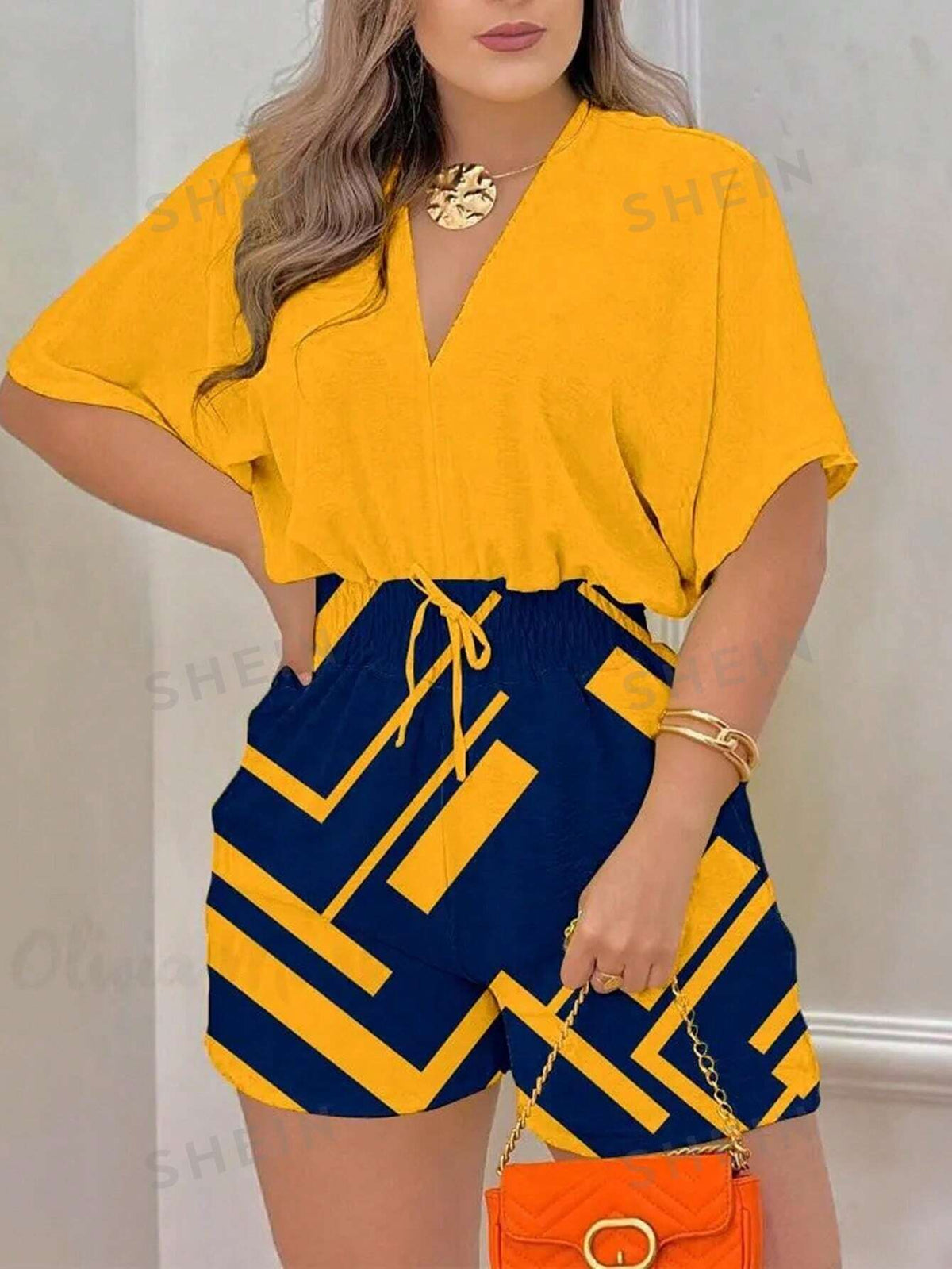 V-Neck Drawstring Backless Color Block Floral Print Romper