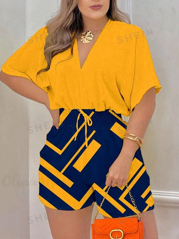 V-Neck Drawstring Backless Color Block Floral Print Romper