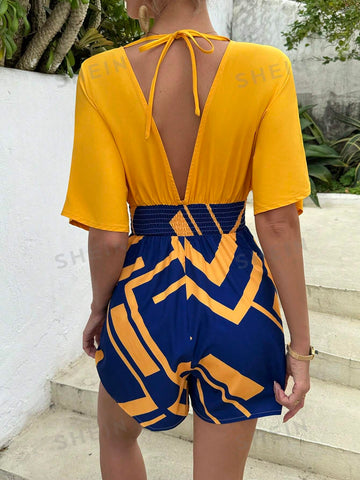 V-Neck Drawstring Backless Color Block Floral Print Romper