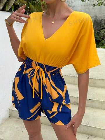 V-Neck Drawstring Backless Color Block Floral Print Romper