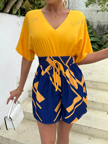 V-Neck Drawstring Backless Color Block Floral Print Romper