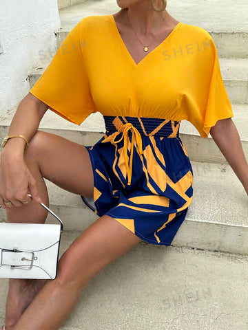 V-Neck Drawstring Backless Color Block Floral Print Romper