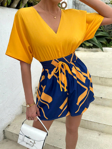 V-Neck Drawstring Backless Color Block Floral Print Romper