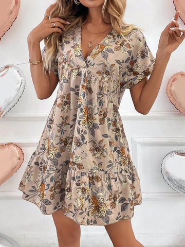 V-Neck Drop Shoulder Ruffle Hem A-Line Dress, Vintage Floral Print Casual Holiday Elegant