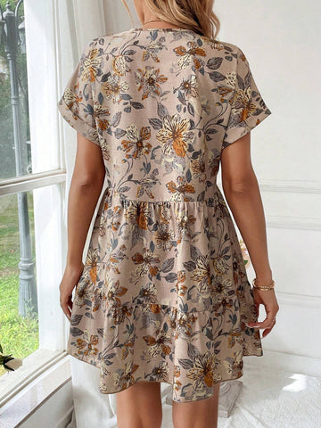 V-Neck Drop Shoulder Ruffle Hem A-Line Dress, Vintage Floral Print Casual Holiday Elegant