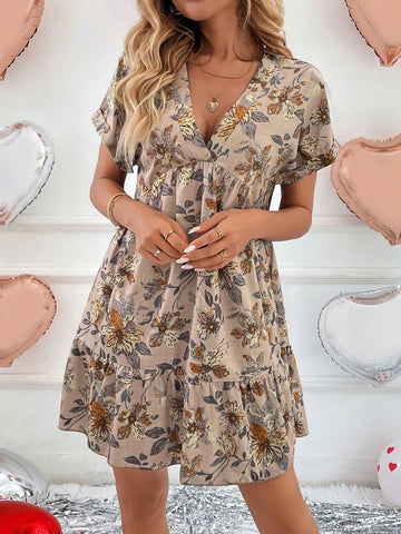 V-Neck Drop Shoulder Ruffle Hem A-Line Dress, Vintage Floral Print Casual Holiday Elegant