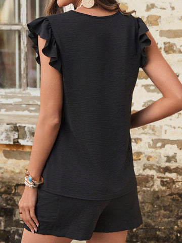 V-Neck Lace Splice Flying Sleeve Top And Shorts Two Piece Set