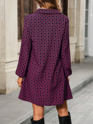 V-Neck Long Sleeve Allover Print Short Casual Mini Dress