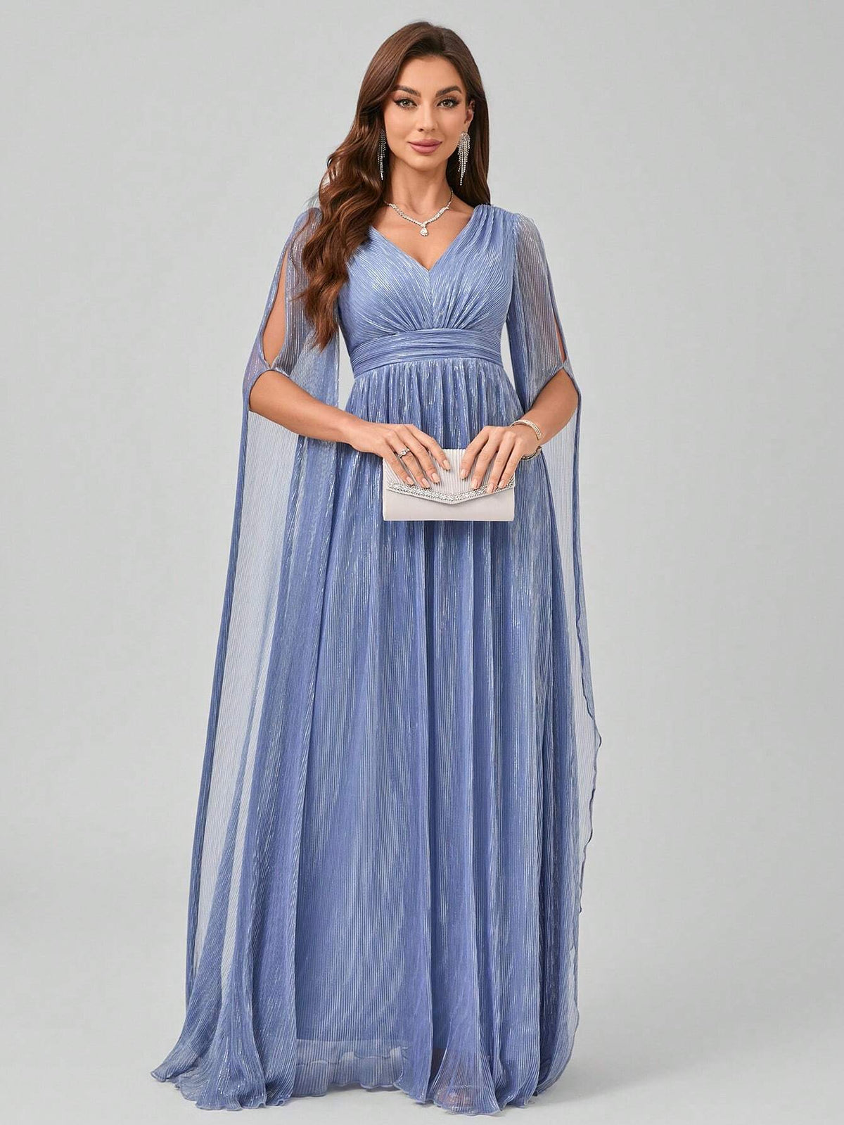 V-Neck Long Sleeve Pleated Maxi Formal Dress With Waist Ribbon And Flounce Hemline