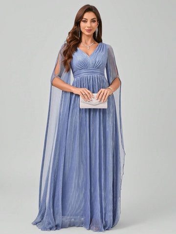 V-Neck Long Sleeve Pleated Maxi Formal Dress With Waist Ribbon And Flounce Hemline