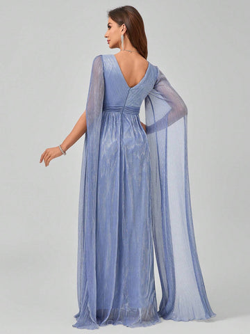 V-Neck Long Sleeve Pleated Maxi Formal Dress With Waist Ribbon And Flounce Hemline