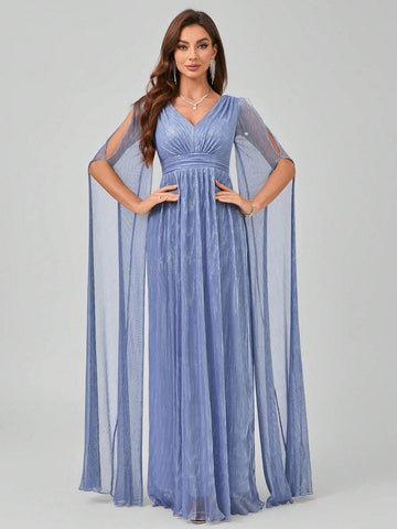 V-Neck Long Sleeve Pleated Maxi Formal Dress With Waist Ribbon And Flounce Hemline