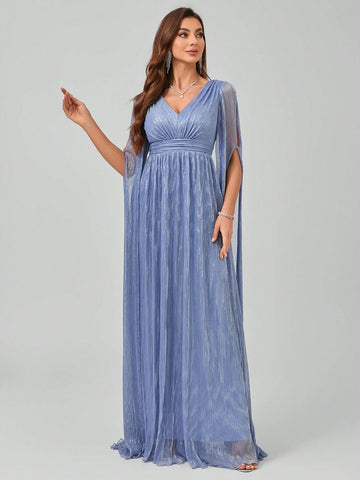 V-Neck Long Sleeve Pleated Maxi Formal Dress With Waist Ribbon And Flounce Hemline