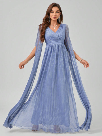 V-Neck Long Sleeve Pleated Maxi Formal Dress With Waist Ribbon And Flounce Hemline