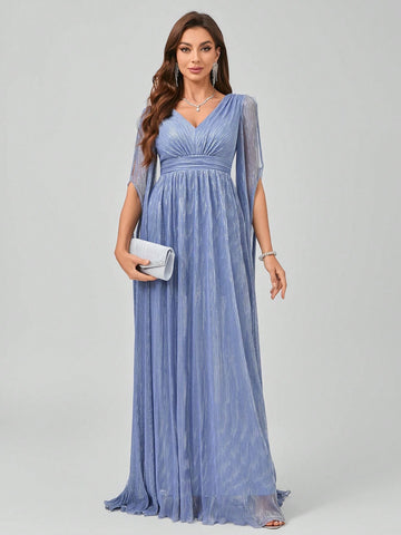 V-Neck Long Sleeve Pleated Maxi Formal Dress With Waist Ribbon And Flounce Hemline