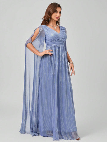 V-Neck Long Sleeve Pleated Maxi Formal Dress With Waist Ribbon And Flounce Hemline