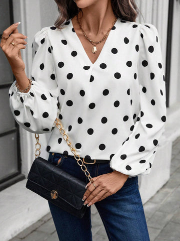 LUNE V-Neck Long Sleeve Polka Dot Allover Print Top For Casual Everyday Wear