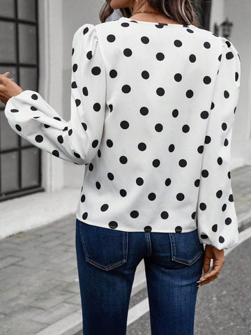 LUNE V-Neck Long Sleeve Polka Dot Allover Print Top For Casual Everyday Wear