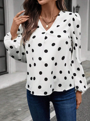 LUNE V-Neck Long Sleeve Polka Dot Allover Print Top For Casual Everyday Wear