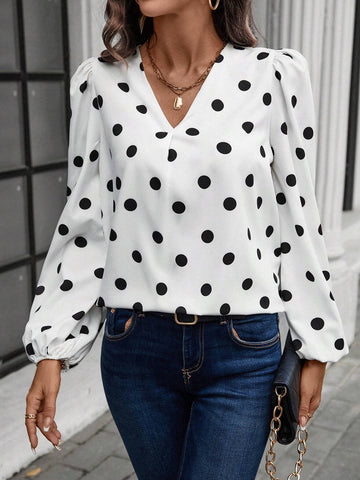 LUNE V-Neck Long Sleeve Polka Dot Allover Print Top For Casual Everyday Wear