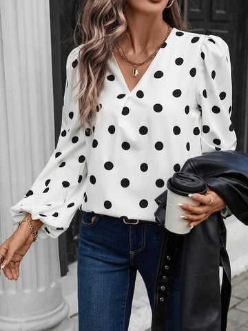 LUNE V-Neck Long Sleeve Polka Dot Allover Print Top For Casual Everyday Wear