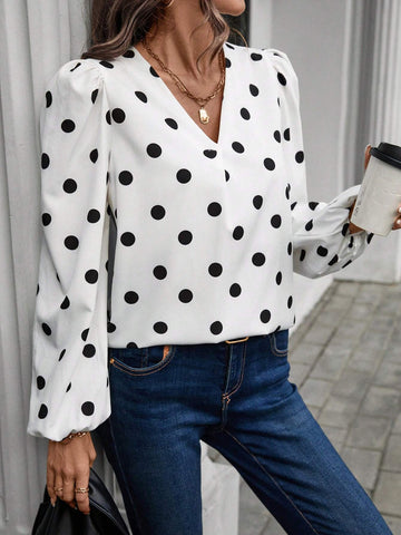 LUNE V-Neck Long Sleeve Polka Dot Allover Print Top For Casual Everyday Wear