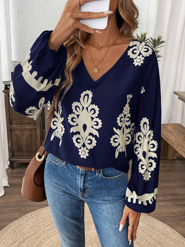 LUNE V-Neck Paisley Print Long Sleeve Women Woven Blouse