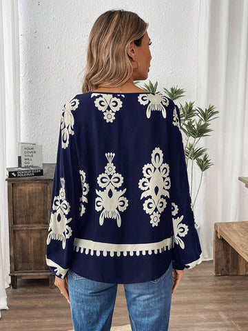LUNE V-Neck Paisley Print Long Sleeve Women Woven Blouse