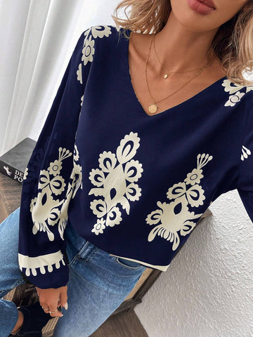 LUNE V-Neck Paisley Print Long Sleeve Women Woven Blouse