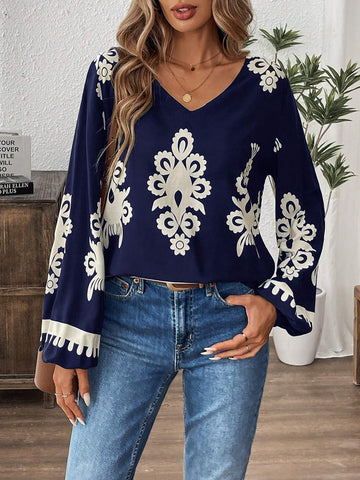 LUNE V-Neck Paisley Print Long Sleeve Women Woven Blouse