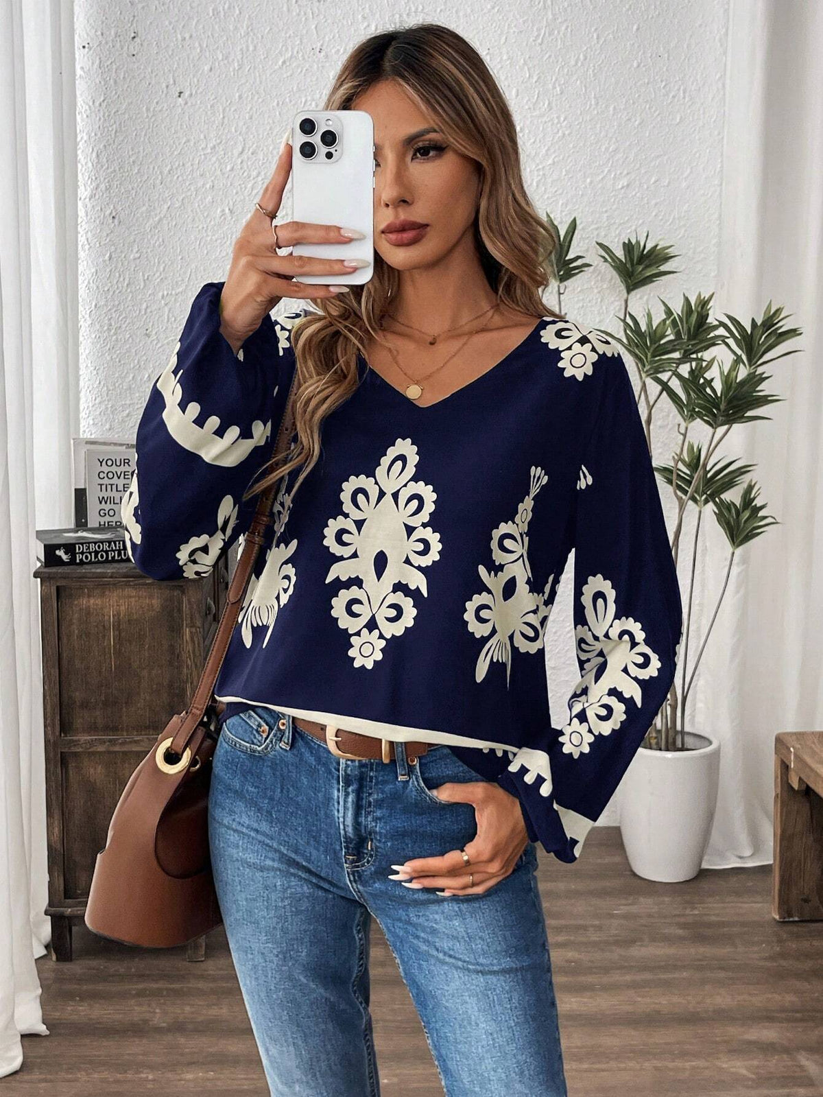 LUNE V-Neck Paisley Print Long Sleeve Women Woven Blouse