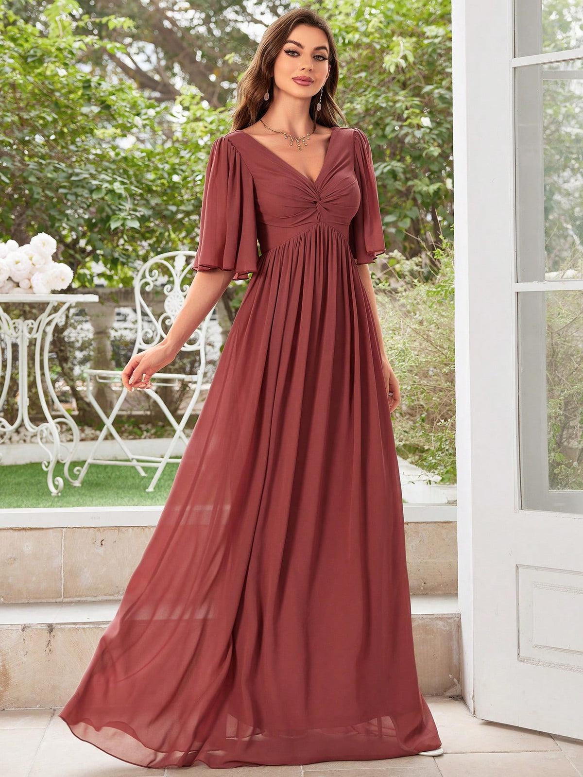 V-Neck Pleated Chiffon Bridesmaid Dress