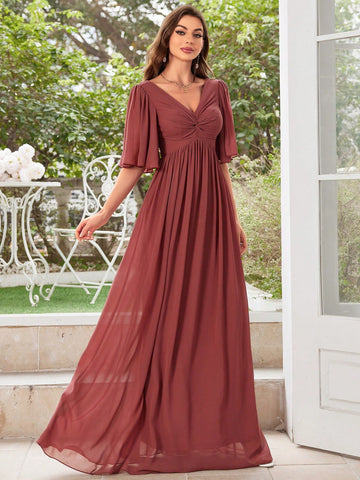 V-Neck Pleated Chiffon Bridesmaid Dress