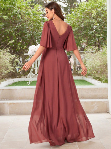 V-Neck Pleated Chiffon Bridesmaid Dress