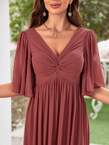 V-Neck Pleated Chiffon Bridesmaid Dress