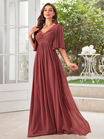 V-Neck Pleated Chiffon Bridesmaid Dress