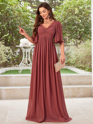 V-Neck Pleated Chiffon Bridesmaid Dress