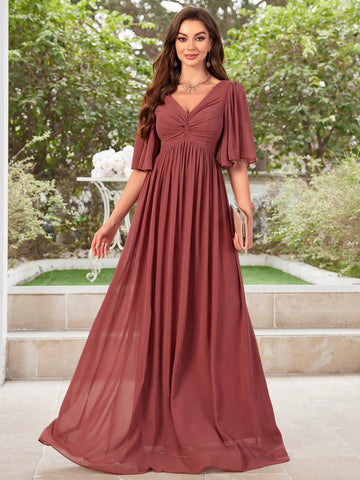 V-Neck Pleated Chiffon Bridesmaid Dress