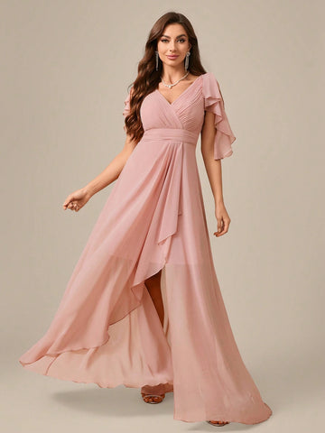 V-Neck Pleated Chiffon Elegant Bridesmaid Dress