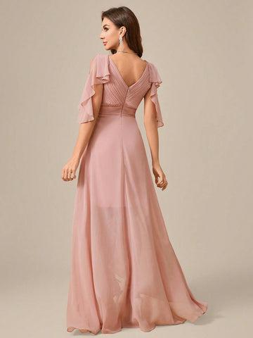V-Neck Pleated Chiffon Elegant Bridesmaid Dress