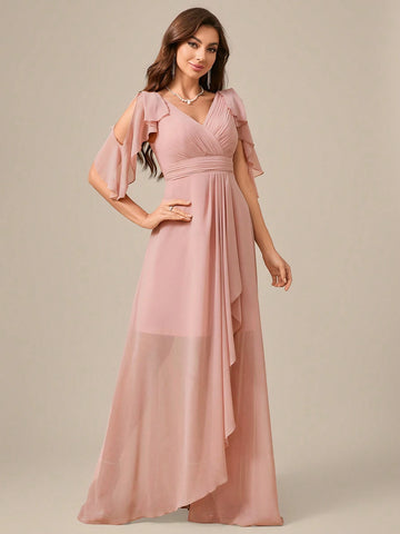 V-Neck Pleated Chiffon Elegant Bridesmaid Dress